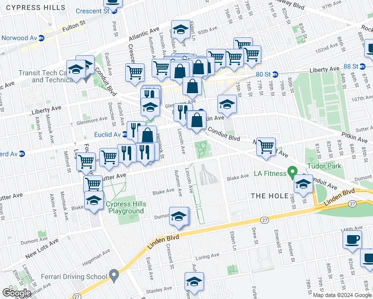 map of restaurants, bars, coffee shops, grocery stores, and more near 605 Lincoln Avenue in Brooklyn