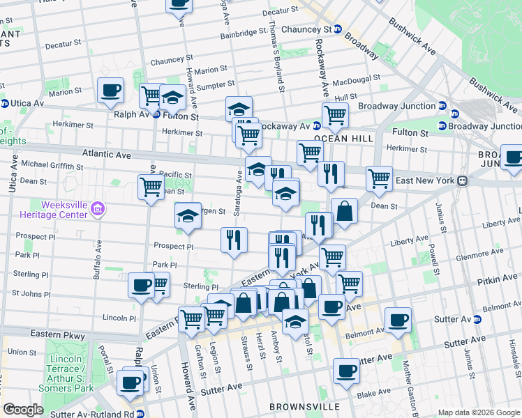 map of restaurants, bars, coffee shops, grocery stores, and more near 1976 Bergen Street in Brooklyn