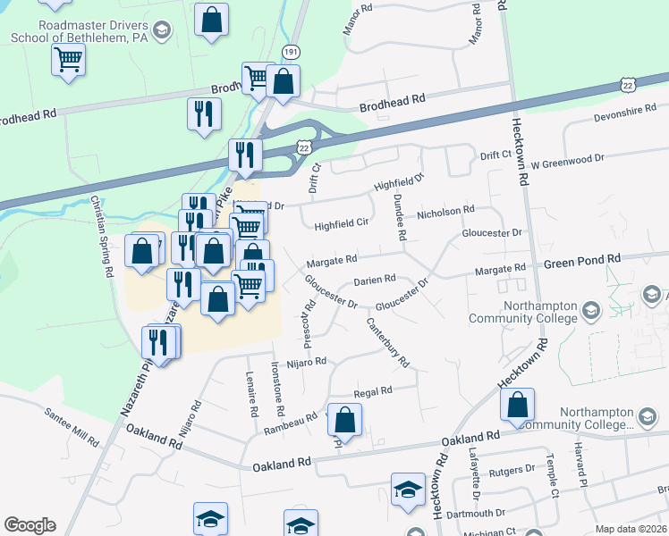 map of restaurants, bars, coffee shops, grocery stores, and more near 3225 Darien Road in Bethlehem