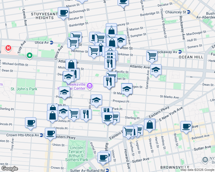 map of restaurants, bars, coffee shops, grocery stores, and more near 1373 Saint Marks Avenue in Brooklyn