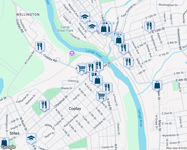 map of restaurants, bars, coffee shops, grocery stores, and more near 37 North 2nd Street in Coplay