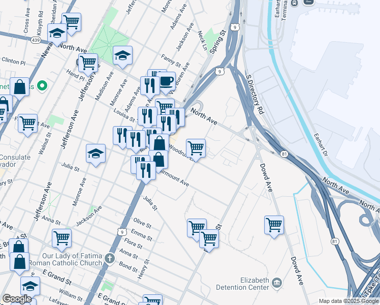 map of restaurants, bars, coffee shops, grocery stores, and more near 916-930 Woodruff Lane in Elizabeth