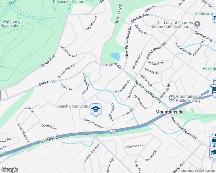 map of restaurants, bars, coffee shops, grocery stores, and more near 1461 Woodacres Drive in Mountainside