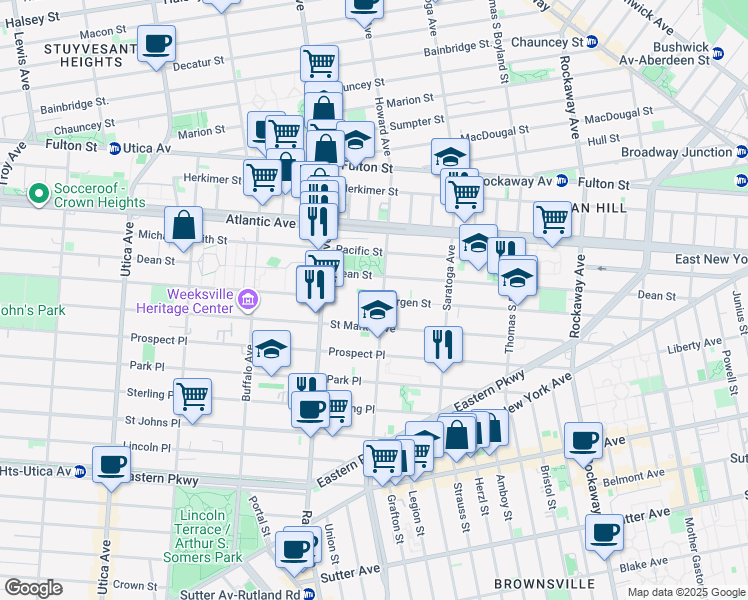 map of restaurants, bars, coffee shops, grocery stores, and more near 1867 Bergen Street in Brooklyn