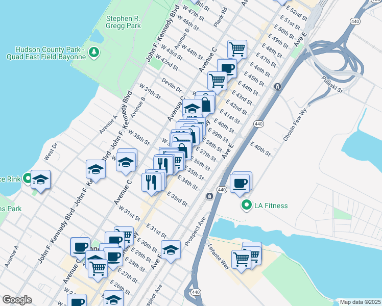 map of restaurants, bars, coffee shops, grocery stores, and more near 12 East 36th Street in Bayonne