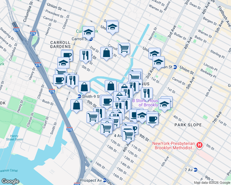 map of restaurants, bars, coffee shops, grocery stores, and more near 39 2nd Avenue in Brooklyn