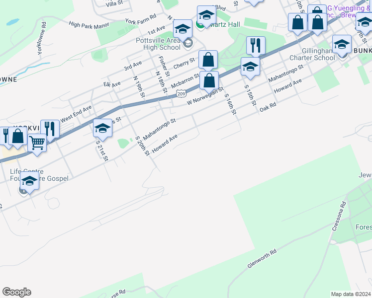 map of restaurants, bars, coffee shops, grocery stores, and more near 1825 Oak Road in Pottsville