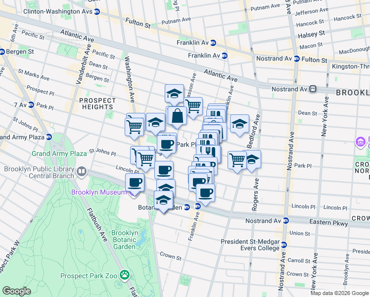 map of restaurants, bars, coffee shops, grocery stores, and more near 568 Park Place in Brooklyn