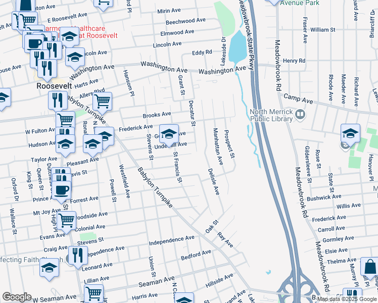 map of restaurants, bars, coffee shops, grocery stores, and more near 97 Bennett Avenue in Roosevelt