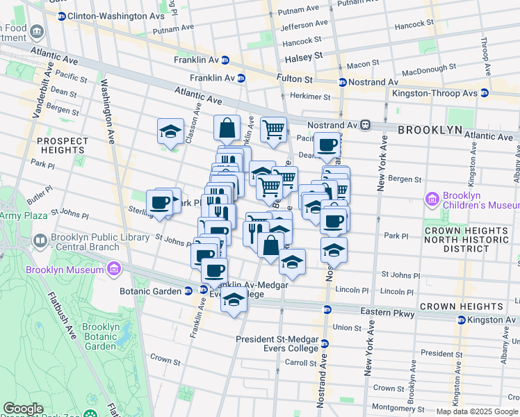 map of restaurants, bars, coffee shops, grocery stores, and more near 701 Park Place in Brooklyn