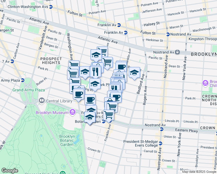 map of restaurants, bars, coffee shops, grocery stores, and more near 592 Park Place in Brooklyn