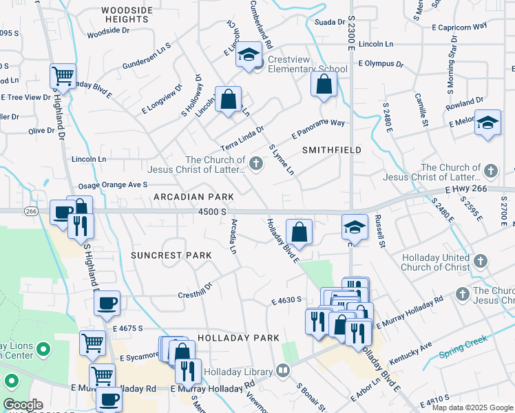map of restaurants, bars, coffee shops, grocery stores, and more near 2104 East 4500 South in Holladay