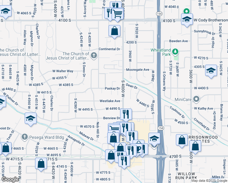 map of restaurants, bars, coffee shops, grocery stores, and more near 4071 Paskay Drive in West Valley City