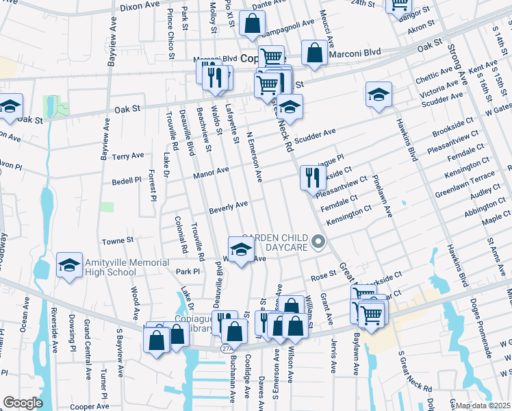map of restaurants, bars, coffee shops, grocery stores, and more near 200 Waldo Street in Copiague