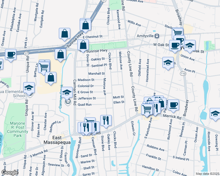 map of restaurants, bars, coffee shops, grocery stores, and more near 60 East Grove Street in Massapequa
