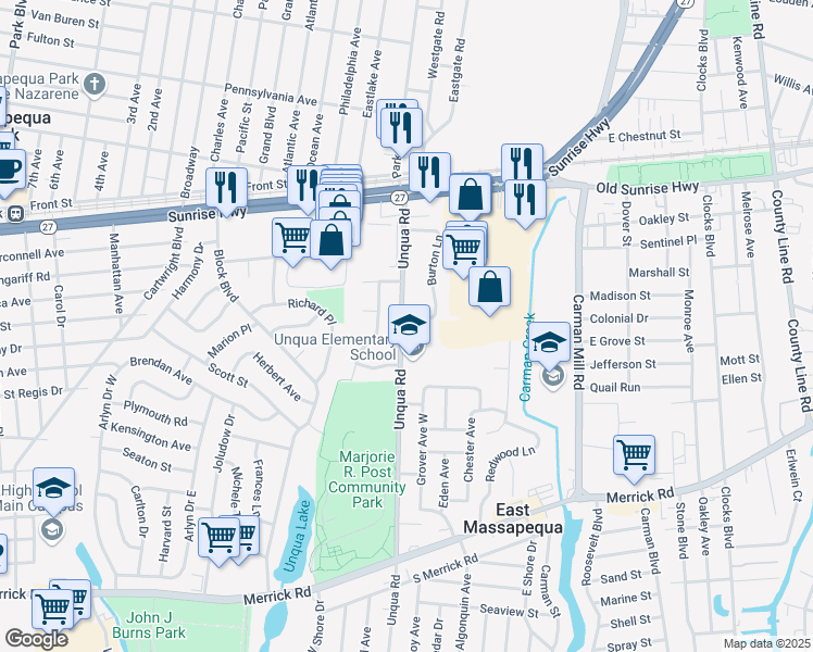 map of restaurants, bars, coffee shops, grocery stores, and more near 339 Unqua Road in Massapequa