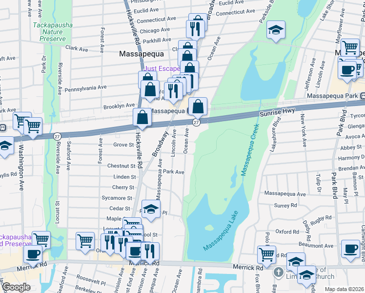 map of restaurants, bars, coffee shops, grocery stores, and more near 393 Ocean Avenue in Massapequa