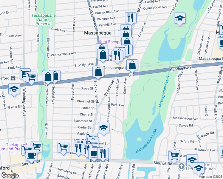 map of restaurants, bars, coffee shops, grocery stores, and more near 1 Seaview Avenue in Massapequa