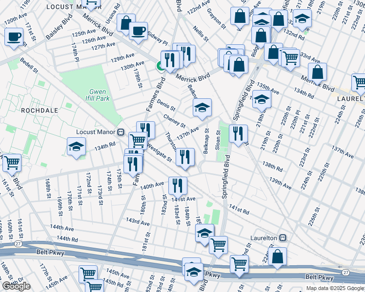 map of restaurants, bars, coffee shops, grocery stores, and more near 137-41 Southgate Street in Queens