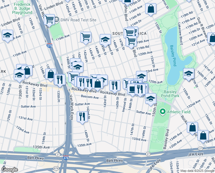 map of restaurants, bars, coffee shops, grocery stores, and more near 123-21 143rd Street in Queens