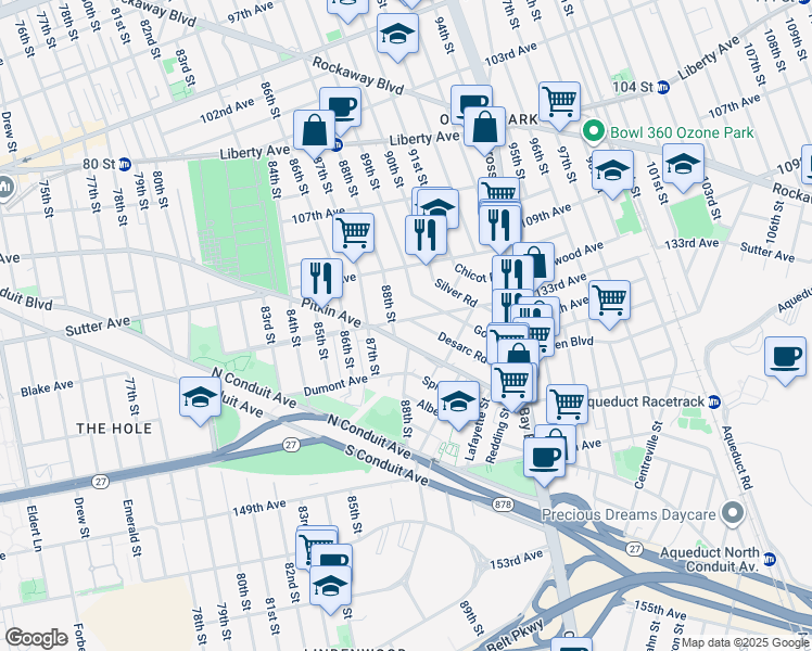 map of restaurants, bars, coffee shops, grocery stores, and more near 88-05 Pitkin Avenue in Queens