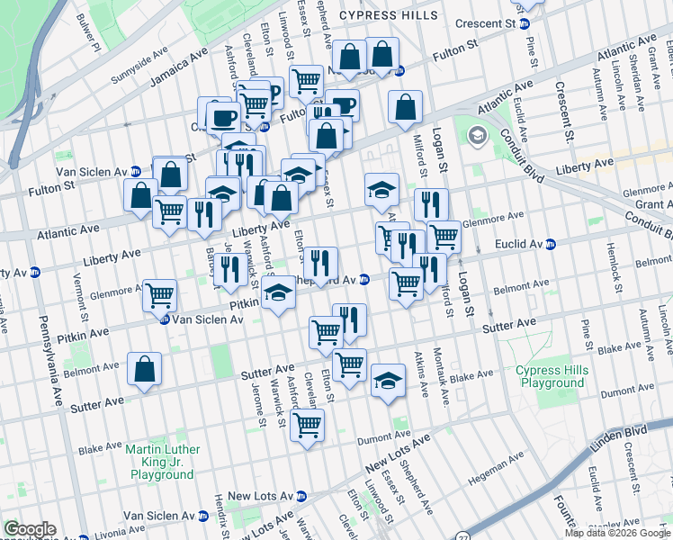 map of restaurants, bars, coffee shops, grocery stores, and more near 2437 Pitkin Avenue in Brooklyn