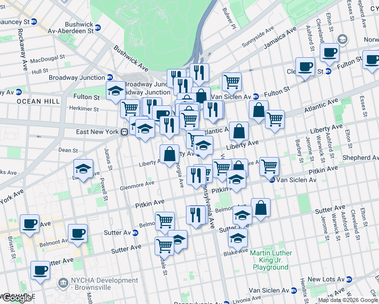 map of restaurants, bars, coffee shops, grocery stores, and more near 340 Liberty Avenue in Brooklyn