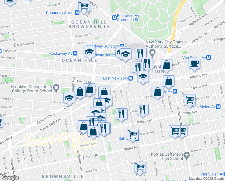 map of restaurants, bars, coffee shops, grocery stores, and more near 28 Powell Street in Brooklyn