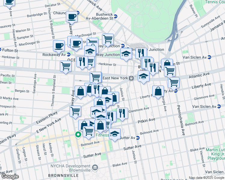 map of restaurants, bars, coffee shops, grocery stores, and more near 28 Powell Street in Brooklyn