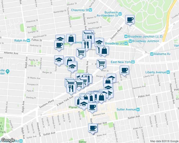 map of restaurants, bars, coffee shops, grocery stores, and more near 251 Rockaway Avenue in Brooklyn