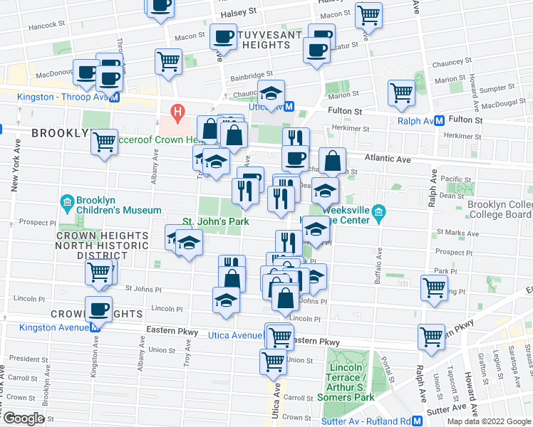 map of restaurants, bars, coffee shops, grocery stores, and more near 1152 Saint Marks Avenue in Brooklyn
