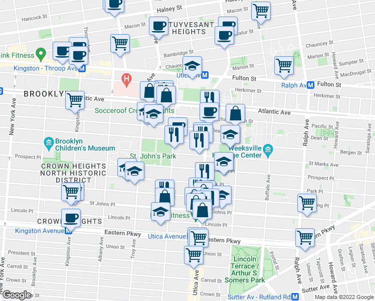 map of restaurants, bars, coffee shops, grocery stores, and more near 1152 Saint Marks Avenue in Brooklyn