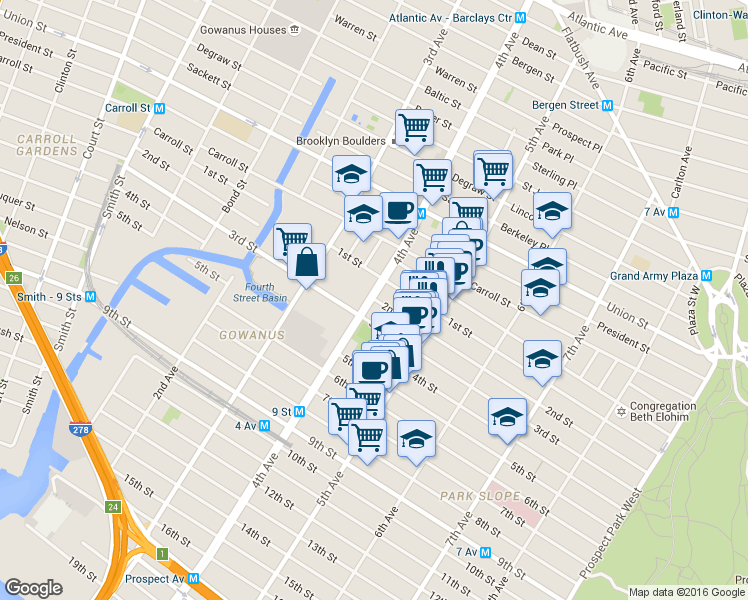 map of restaurants, bars, coffee shops, grocery stores, and more near 2nd Street in Brooklyn