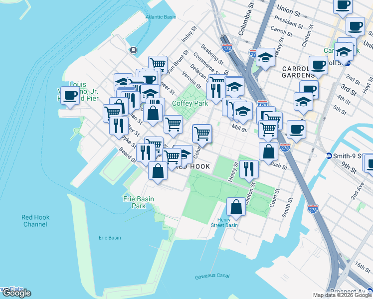 map of restaurants, bars, coffee shops, grocery stores, and more near in Brooklyn