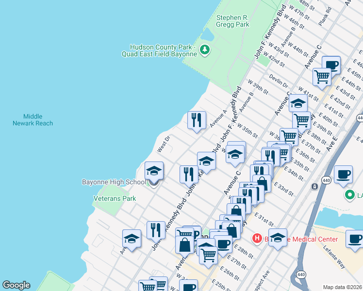 map of restaurants, bars, coffee shops, grocery stores, and more near 729 Avenue A in Bayonne