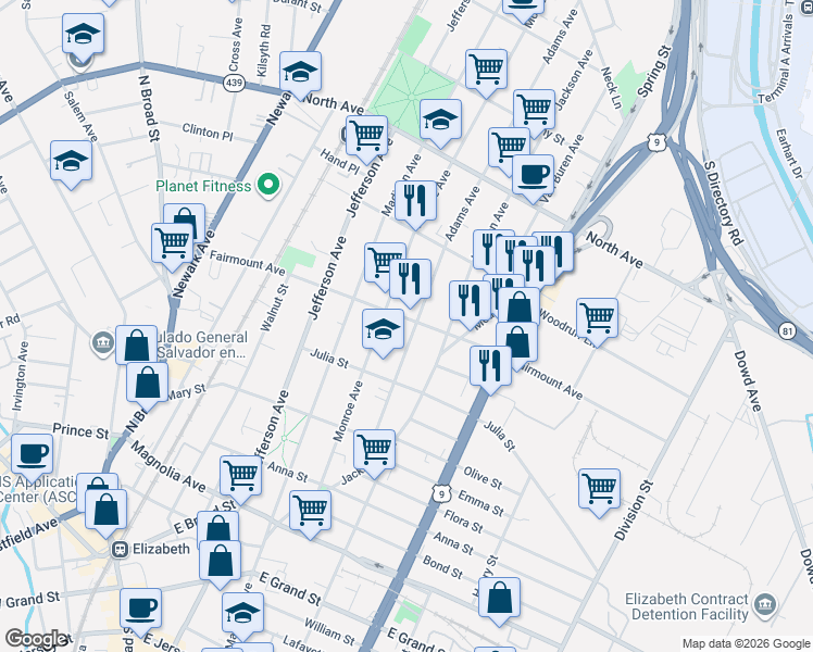 map of restaurants, bars, coffee shops, grocery stores, and more near 587 Adams Avenue in Elizabeth
