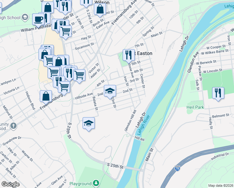 map of restaurants, bars, coffee shops, grocery stores, and more near 1206 South 23rd Street in Easton