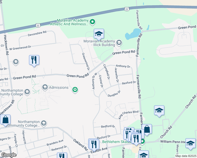 map of restaurants, bars, coffee shops, grocery stores, and more near 4220 Crystal Drive in Bethlehem