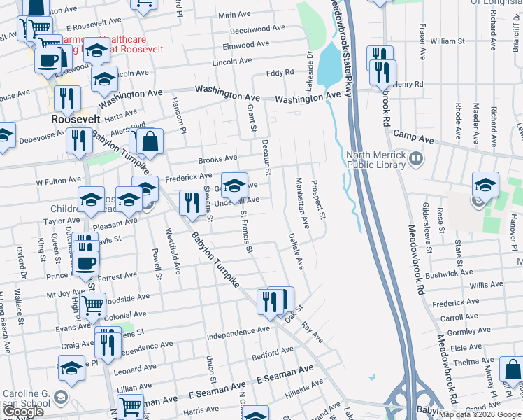 map of restaurants, bars, coffee shops, grocery stores, and more near 97 Bennett Avenue in Roosevelt