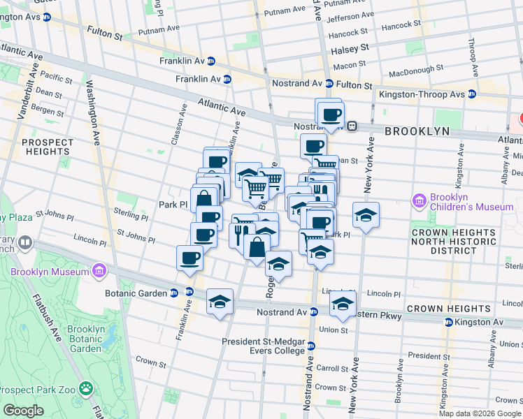 map of restaurants, bars, coffee shops, grocery stores, and more near Bedford Ave & Prospect Pl in Brooklyn