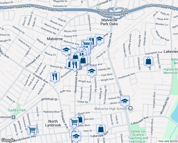 map of restaurants, bars, coffee shops, grocery stores, and more near 38 Utterby Road in Malverne