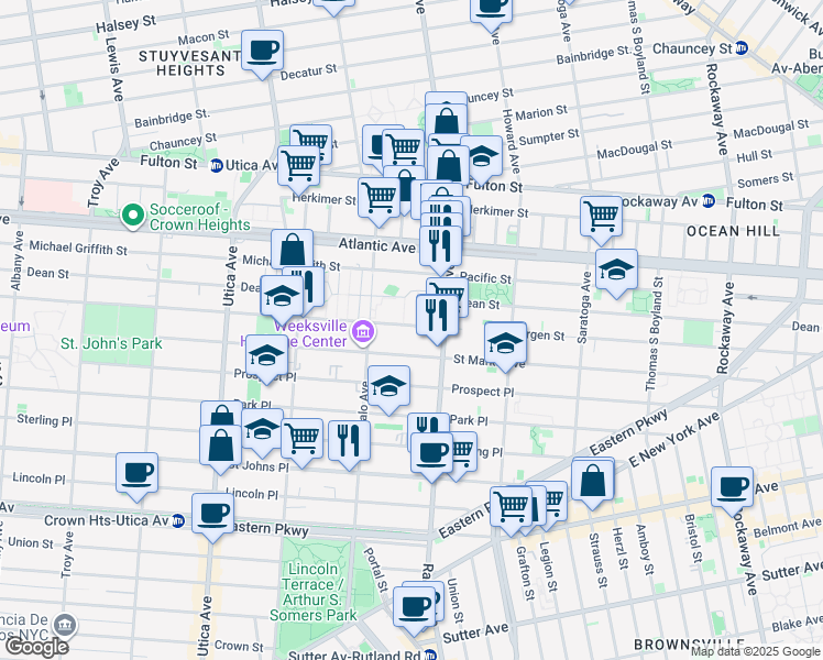 map of restaurants, bars, coffee shops, grocery stores, and more near 1772 Bergen Street in Brooklyn