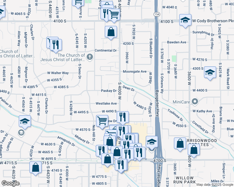map of restaurants, bars, coffee shops, grocery stores, and more near 4412 South Rosehaven Court in West Valley City