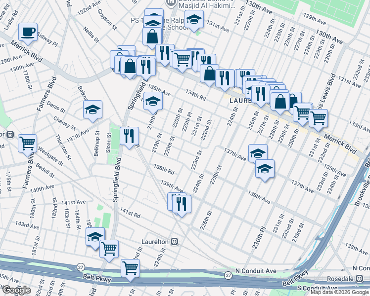 map of restaurants, bars, coffee shops, grocery stores, and more near 220-42 137th Road in Queens