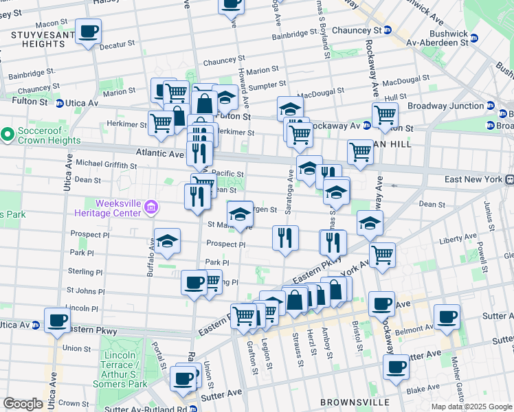 map of restaurants, bars, coffee shops, grocery stores, and more near 1894 Bergen Street in Brooklyn
