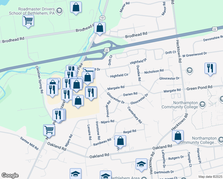 map of restaurants, bars, coffee shops, grocery stores, and more near 3126 Margate Road in Bethlehem