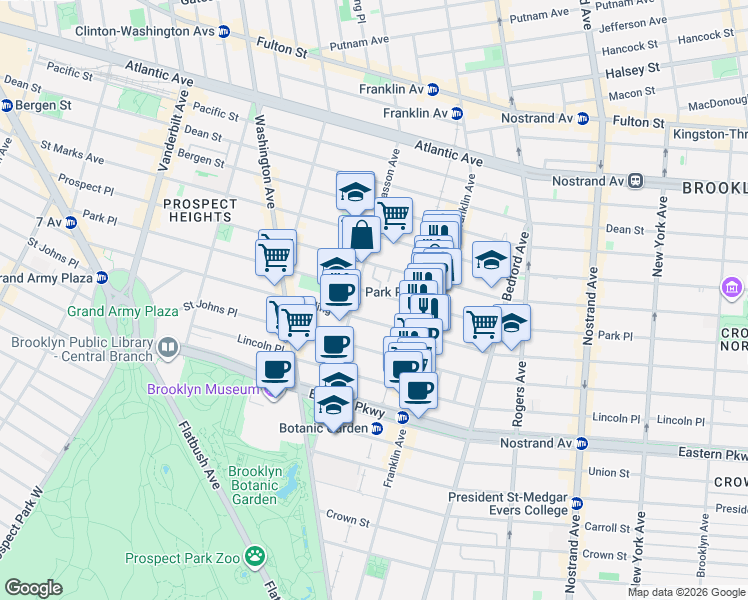map of restaurants, bars, coffee shops, grocery stores, and more near 562 Park Place in Brooklyn