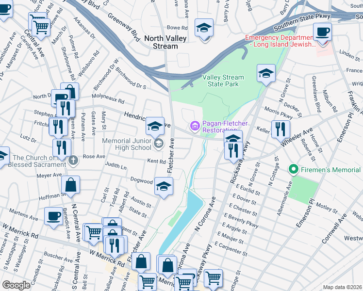 map of restaurants, bars, coffee shops, grocery stores, and more near 10 Linden Road in Valley Stream
