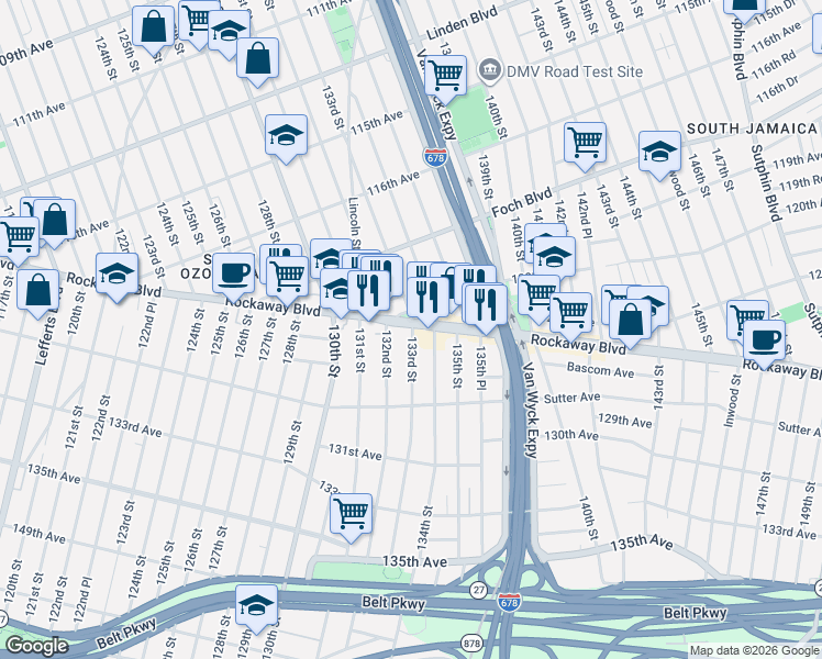 map of restaurants, bars, coffee shops, grocery stores, and more near 12023 132nd Street in Queens