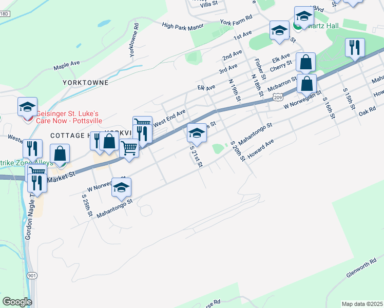 map of restaurants, bars, coffee shops, grocery stores, and more near 3 South 21st Street in Pottsville